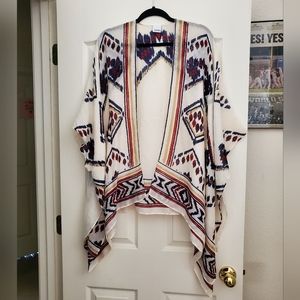 Sonoma Boho Tribal Aztec Print Duster Kimono Cream Blue Red Tan